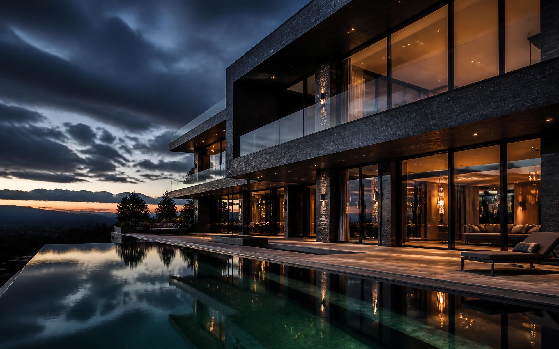 Casa de alto padrão iluminada ao entardecer com piscina